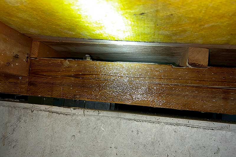 施工前の床下木部にタフロンウッド塗布