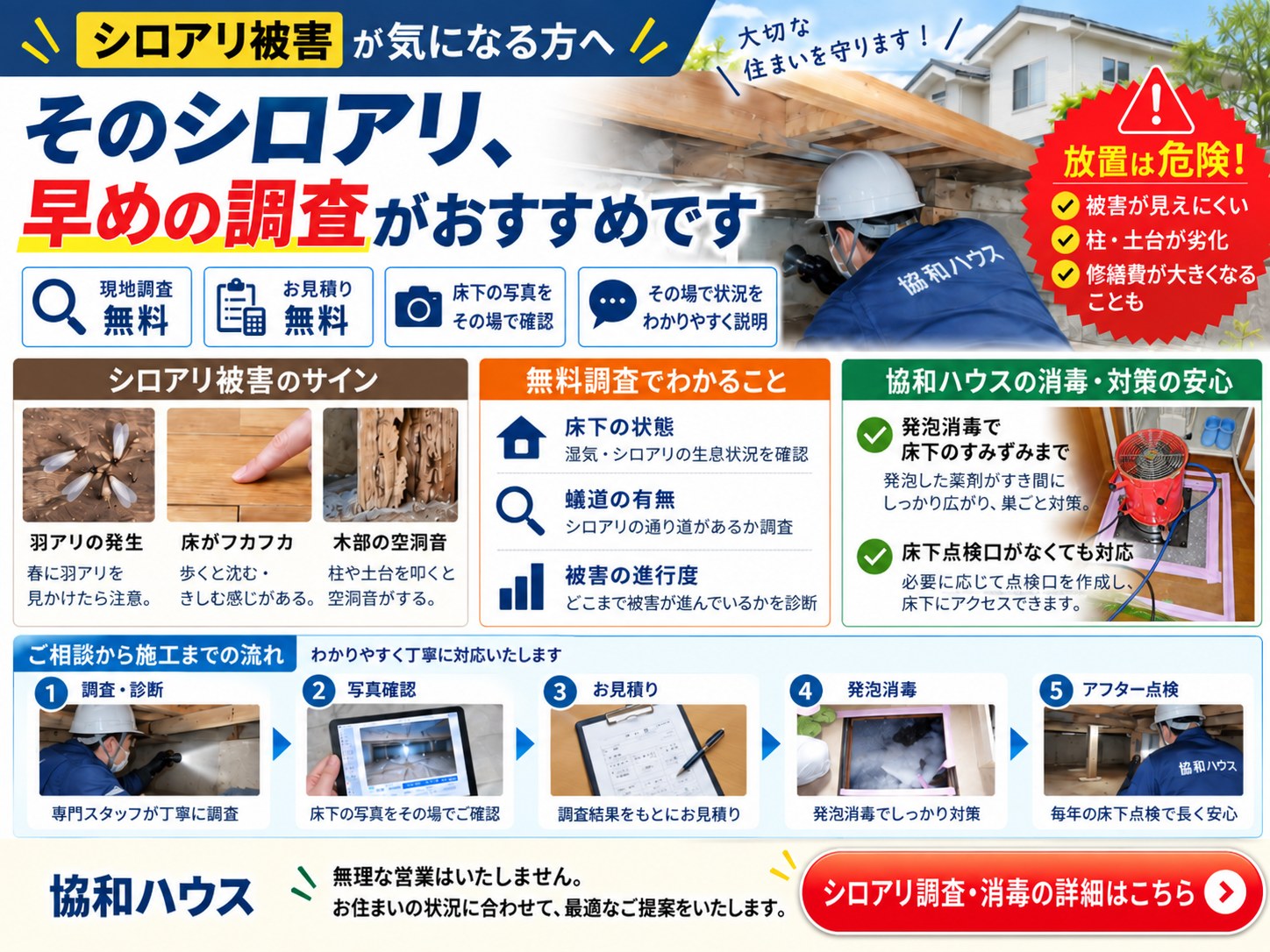 シロアリ被害が気になる方へ。早めの調査がおすすめです。現地調査・お見積り無料。羽アリの発生、床のふわつき、木部の空洞音は被害のサイン。床下の状態・蟻道・被害の進行度を調査し、発泡消毒で対策。調査から施工、アフター点検まで協和ハウスが対応します。