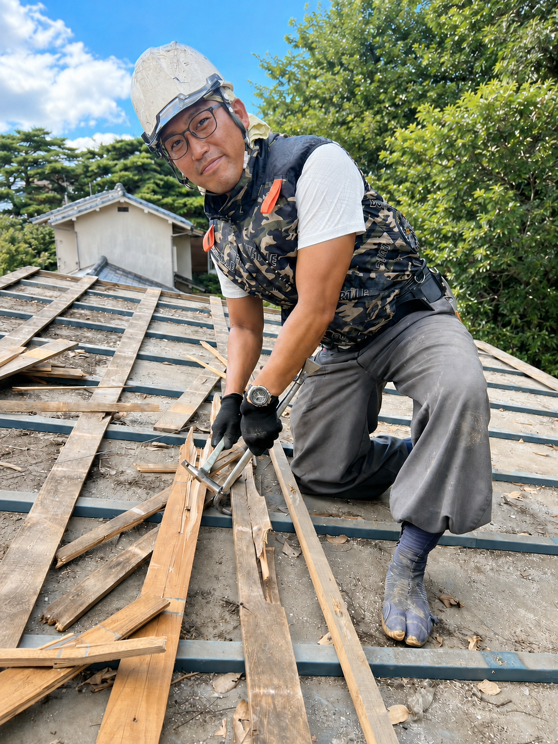 屋根の状態を確認する協和ハウスの職人
